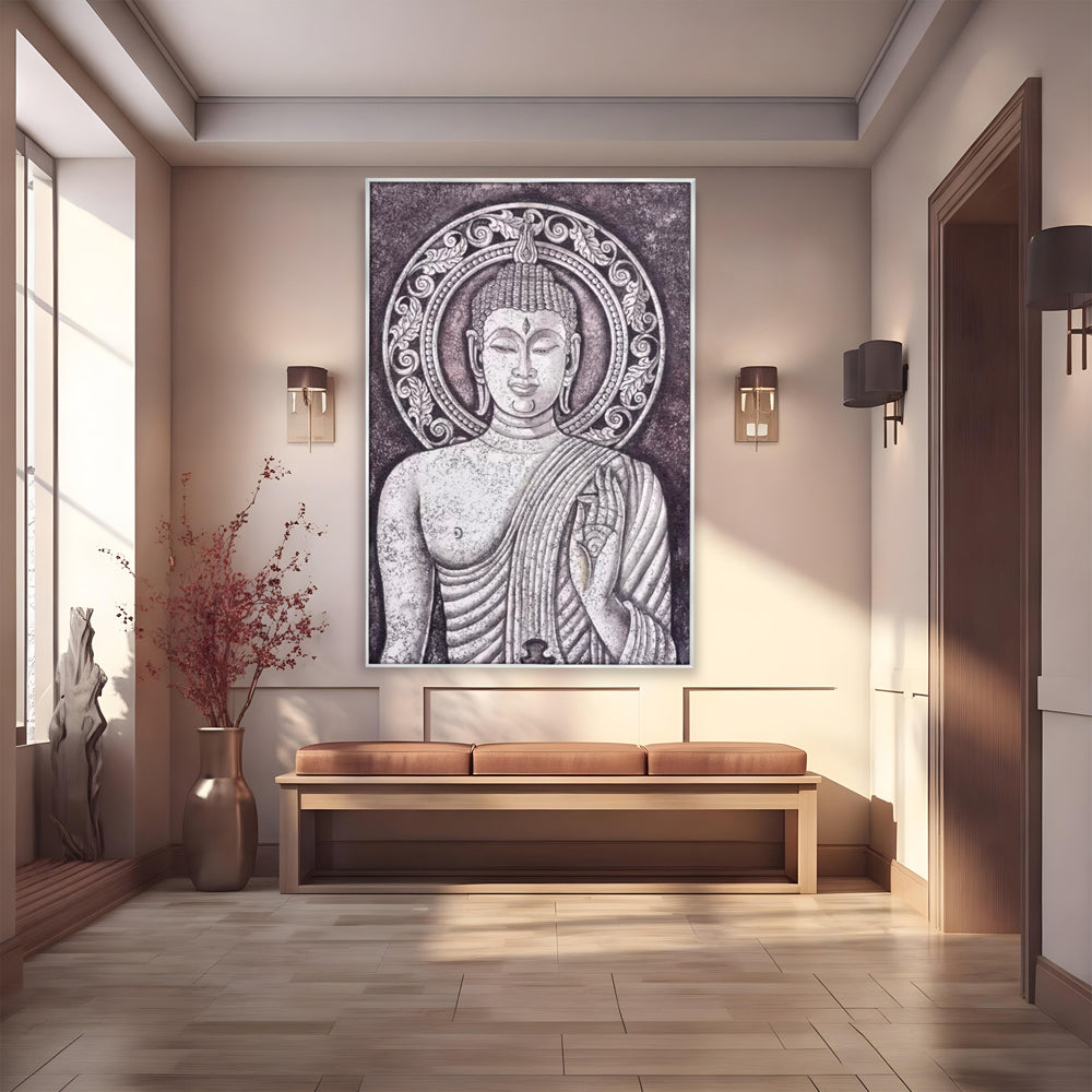 Tablou canvas cu tablou canvas cu chipul lui buddha, in rama de aluminiu argintiu